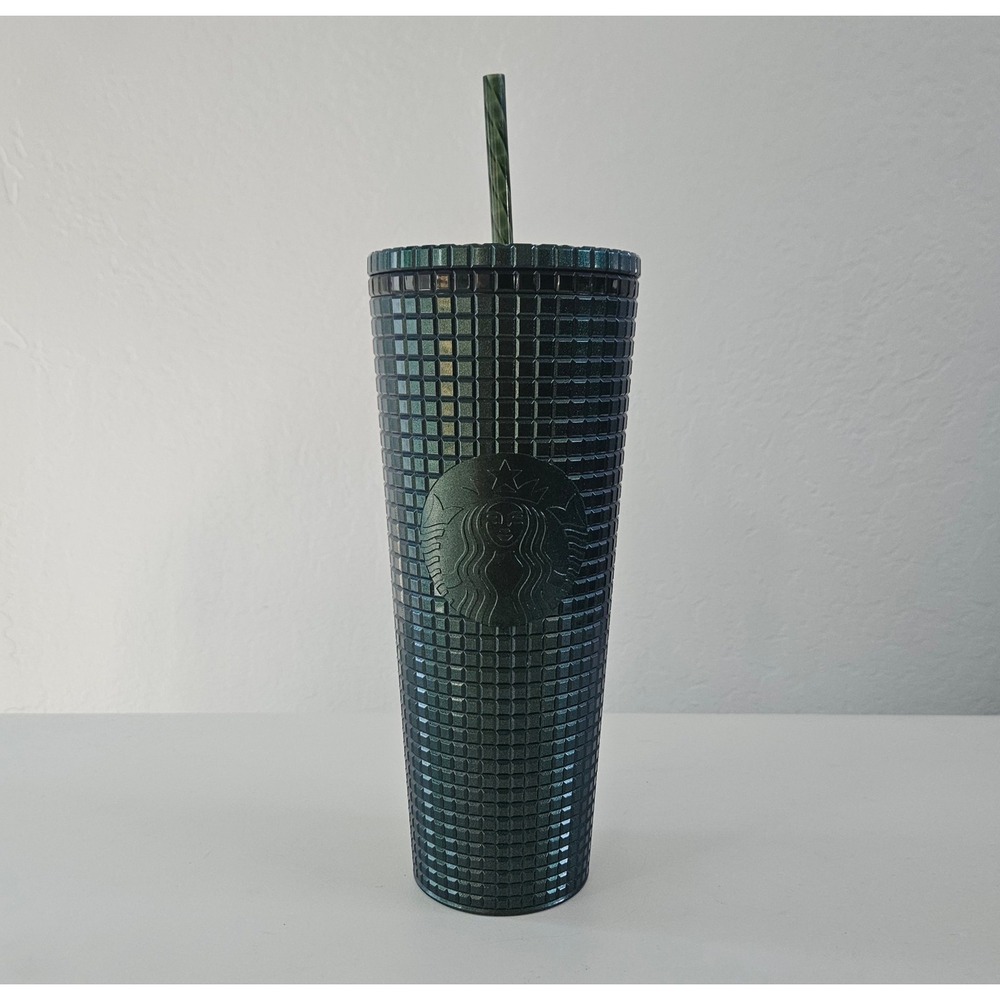 Starbucks Cold Cup Tumbler 24 Oz Dark Green Metallic Grid Holiday 2021